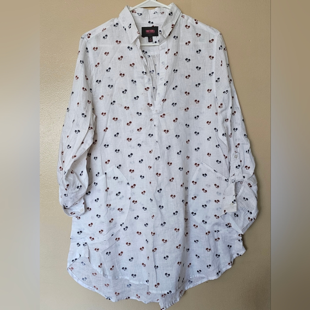 FORCYNTHIA Beachwear White Palm Trees Linen L Tunic Shirt Beach Coverup Resort - Picture 2 of 11